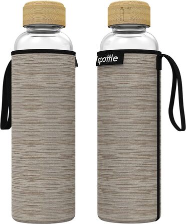 spottle Glass Water Bottle 1L - Glass Bottle 500ml - 750ml - 1 liter with Neoprene Sleeve/Protective Cover - Glass Drinking Bottle with Screw Cap - Glass Water Bottle for Carbonated Drinks 750ml Beige Melange / Bamboo