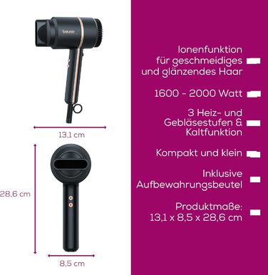 Фен Beurer HC 35 з іонізацією, чорний: потужний, з насадкою, LED-дисплей, для блискучого волосся