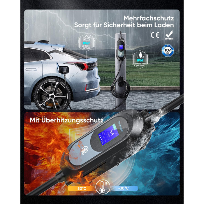 Мобільна зарядна станція для електромобіля 11 кВт (3 фази, IP67, 6-16A, 6м) з кабелем CEE 16A на Typ 2. Регульована потужність, CEE-розетка. Комплект: сумка + кріплення на стіну