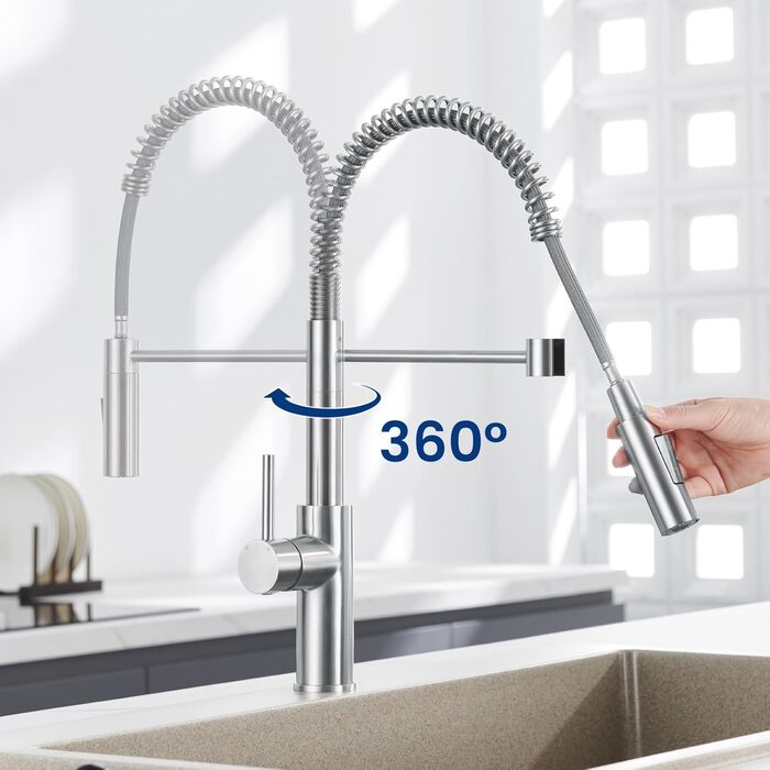 Змішувач кухонний CECIPA з витяжною насадкою, висувний, з двома режимами струменя, поворотний на 360°, одноlever, нержавіюча сталь, срібло