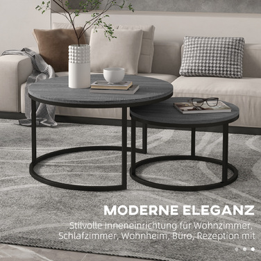 HOMCOM Round Coffee Table 2-Piece Set Stackable Side Table with Metal Frame, Living Room Table with Wood-Look Finish, Coffee Table for Living Room Bedroom Black | Aosom