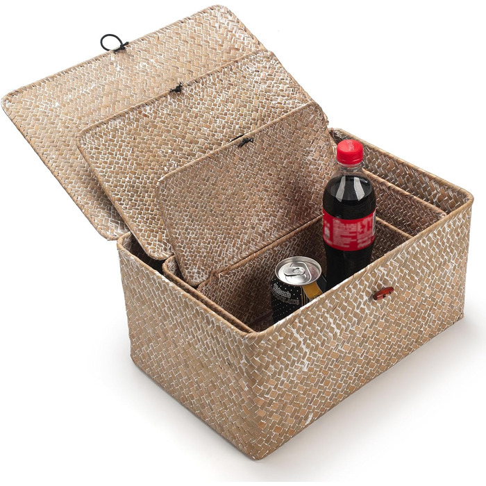 Кошики для зберігання з морської трави з кришкою, 3 шт. (великий, середній, малий), натуральний матеріал, для білизни