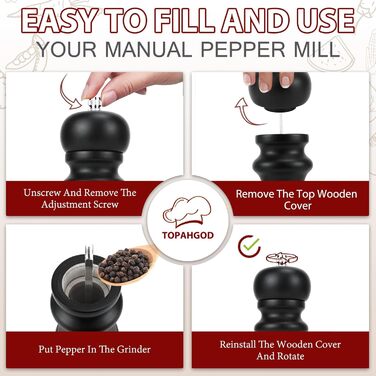 Набір з 2 шт. ручних мельниць для солі, перцю та чилі - дерев'яні солянки та перечниці, класичне регулювання помелу, для солі, перцю, чилі, чорний та білий колір