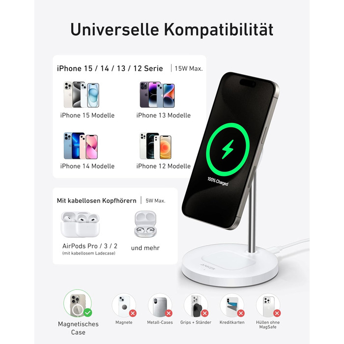 Anker MagGo 15W Magsafe зарядний пристрій: 2-в-1 індукційна станція, Qi2 бездротовий заряд для iPhone 16/15/14/13/12, AirPods Pro, з USB-C кабелем 1.5м, без адаптера живлення