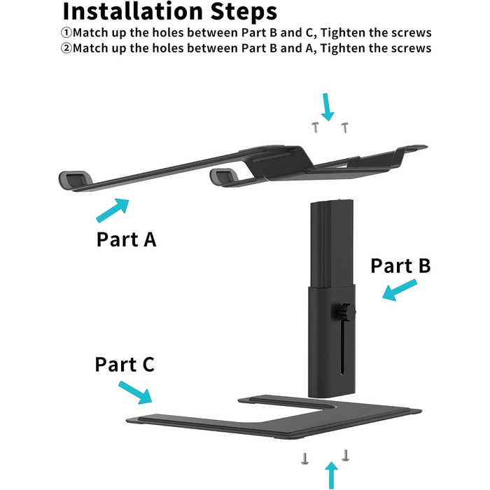 Підставка для ноутбука ALASHI, регульована висота, ергономічна, металева, чорна (10-15.6 дюймів)