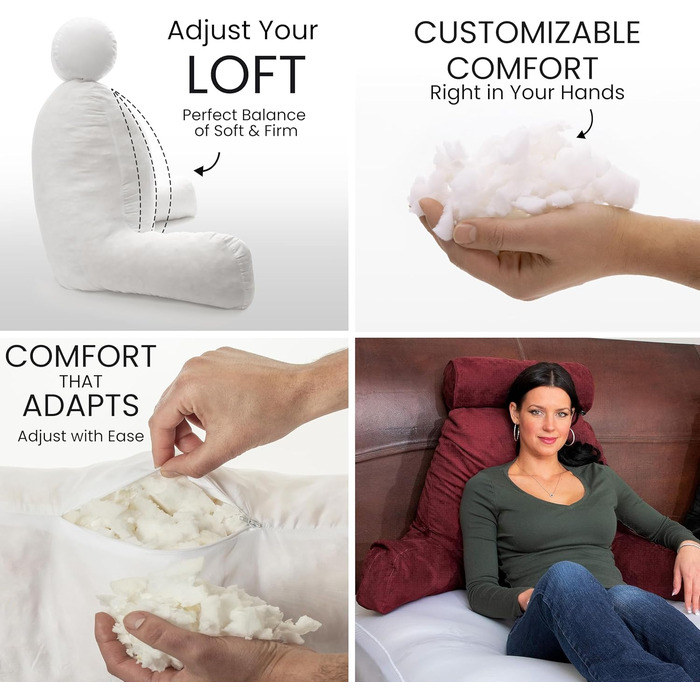 Подушка для чоловіка з підлокітниками - велика, для читання та відпочинку в ліжку. Висока спинка, преміум піна з пам'яті, знімна подушка для шиї на стрічці (Aspen Beige, | Arizona Burgundy)