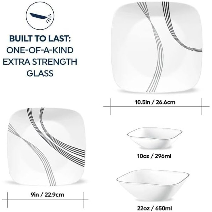 Corelle Urban Arc Набір посуду на 4 особи (16 предметів): тарілки, миски, стійкий до сколів та розбиття, білий