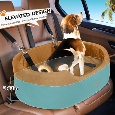 Dog Car Seat for Medium/Large Dogs (Up to 25kg) or 2 Small Dogs - with Safety Leashes & Washable Cushion - Rear Seat (Coffee Color)