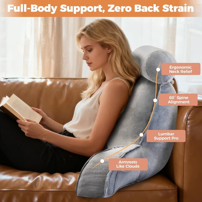 Лежак для ліжка OZMI для дорослих, велике 61 см м'яке подушкове спинне крісло з підголівником для читання, відпочинку, перегляду телевізора та ігор (Сірий)