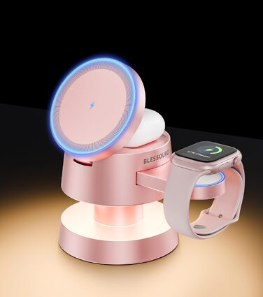 Бездротова зарядка 4-в-1 для iPhone 17/16/15/14 Pro Max з нічним світлом, сумісна з Apple Watch та AirPods, рожева