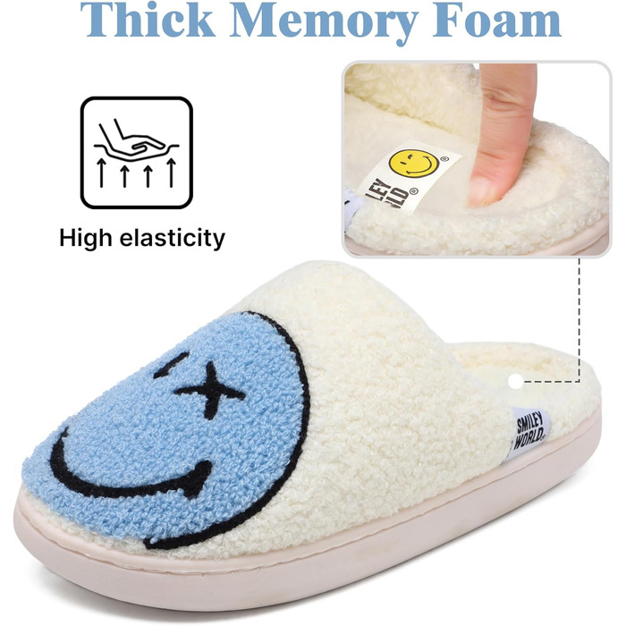 Теплі зимові домашні тапочки для жінок Smiley з м'якої плюшевої піни, Memory Foam, блакитні (38/39 EU)