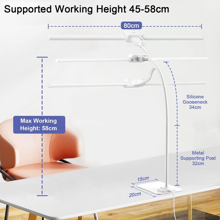 LED Desk Lamp with Adjustable Brightness - 1200 Lumens, Dual Head, Clamp-On for Home Office, Eye Protection, Gooseneck Design, Monitor Light with 5 Color Temperature & Brightness Levels (Metal Base)