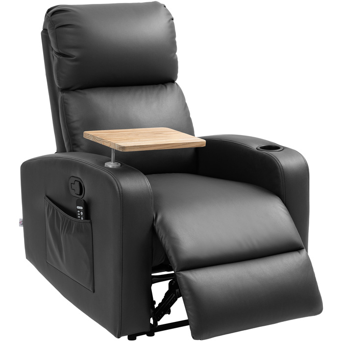HOMCOM Recliner with Massage Function, TV Recliner with Lie-Flat Feature, Swivel Table, Massage Chair, Recliner with Remote Control, Spring, Side Pocket and Cup Holder, Microfiber, Black | Aosom