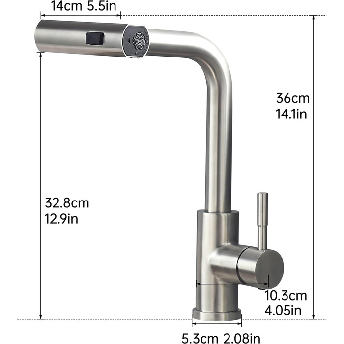 Кухонний змішувач AIMADI висувний з 3-ма режимами, з душовою насадкою, 38 см, однорідний, для холодної та гарячої води, для раковини та кухонного острова, з нержавіючої сталі, водоспад, матовий нікель