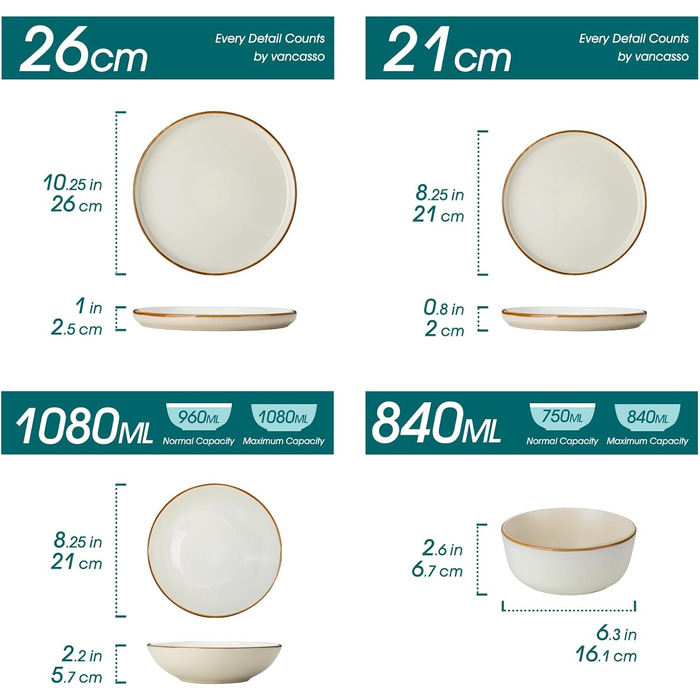 Набір посуду на 6 осіб Vancasso RENO 24 шт. з каменю, сучасний сервіз: тарілки для їжі, супу, десерту, миски. Підходить для миття в посудомийній машині та для використання в мікрохвильовій печі (Бежевий)