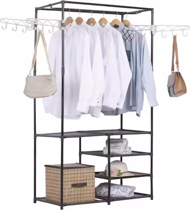 Wardrobe open, coat rack with clothes rail and 12 hooks, freestanding wardrobe with shelf, for dressing room, bedroom, 44 x 87 x 158 cm, Black