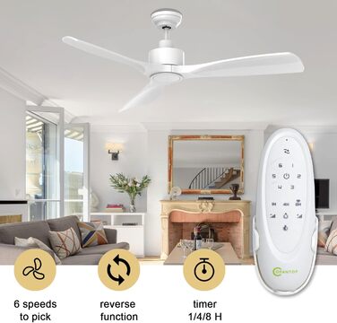 Сучасний стельовий вентилятор 132 см Zeitgemäß з LED-підсвічуванням та пультом керування, матовий білий колір, тихий DC-двигун, висока продуктивність, 6 швидкостей