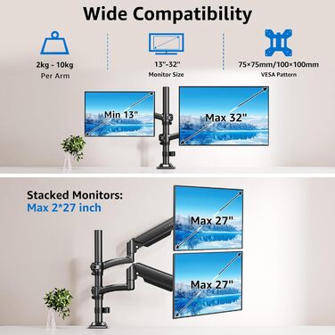 Кріплення для монітора MOUNTUP - 2 монітори, 13-32 дюйми, регульоване, VESA 75/100mm, 2-10 кг, EU6016B
