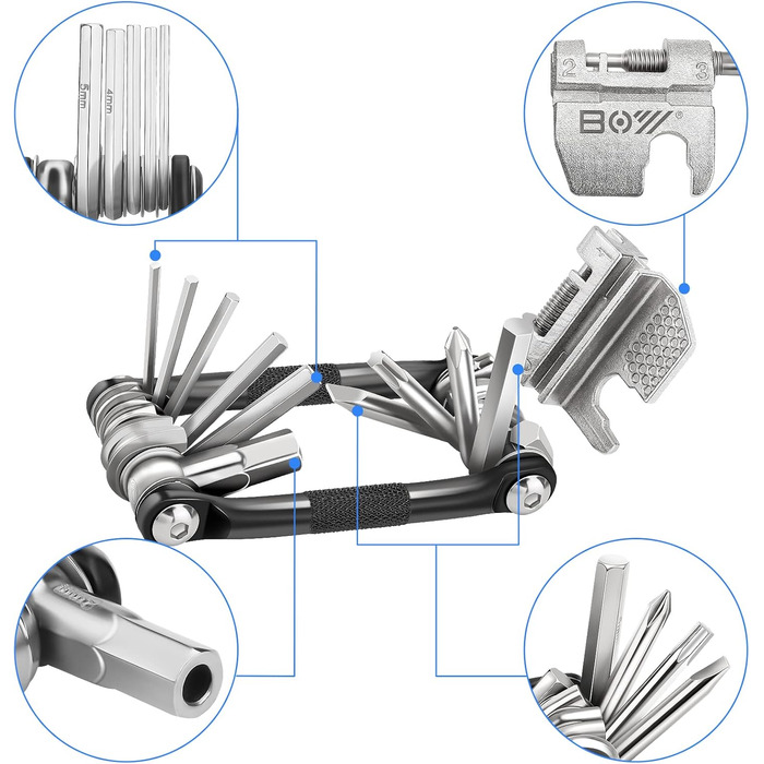 Мультитул для велосипеда 17 в 1: набір інструментів для ремонту велосипеда, знімач ланцюга, шестигранники, ключ для спиць. Підходить для шосейних та гірських велосипедів