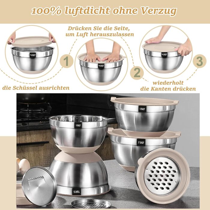 Mixing Bowl Set of 6, Stainless Steel Bowls with Airtight Lid & Silicone Bottom, 3 Grater Attachments, Bowl Set for Baking/Serving, 6.6 L/3.8 L/2.4 L/1.9 L/1.4 L/0.6 L - Khaki