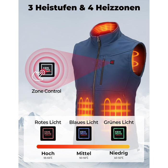 Обогреваемая жилетка KEMIMOTO с функцией App, для мужчин и женщин, с аккумулятором 10000mAh, 4 зоны обогрева, для мотоцикла, катання на лижах (Синій, L)