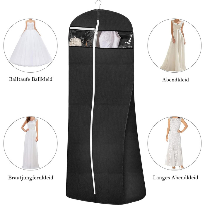 Чохол для сукні MISSLO, 177см, чорний: дихаючий, з кишенями, для вечірньої сукні, костюма, весільної сукні, у подорож