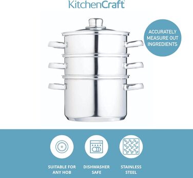 Набір каструль KitchenCraft 3 шт. з пароваркою, суповою каструлею, індукційне дно, нержавіюча сталь, подарункова коробка, 16 см, сріблястий
