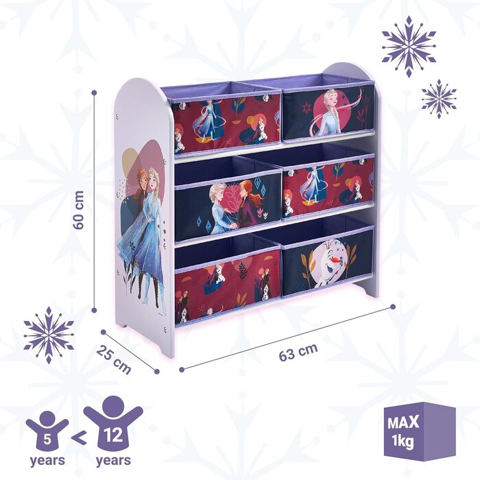 Дитяча органайзер для іграшок Disney Frozen, 6 ящиків, фіолетова, з дерева, тканини та металу, легка збірка та догляд