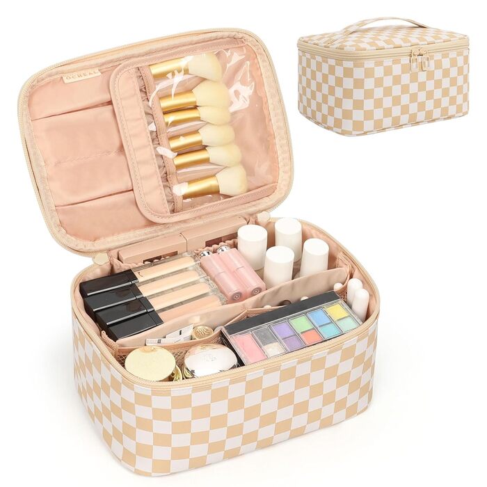 Косметичка для жінок, велика сумка для макіяжу, дорожня косметичка-вояж, косметична сумка для подорожей з ручкою та роздільниками (A-шахова, хакі)