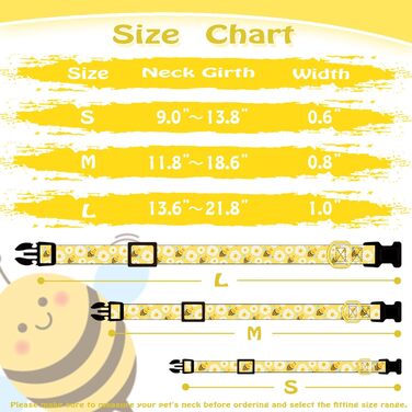 Нашийник для собак з бавовни, жовта бджілка – квітковий принт – м'який та зручний – регульований – великий розмір – унісекс – для великих собак, розмір L