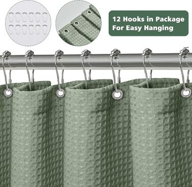 Штора для душу текстильна водонепроникна з поліестеру, 180x200 см, зелена, з кільцями (1 шт)