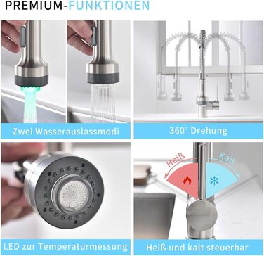 Кухонний змішувач AIMADI висувний, високотискний, з 2 режимами (струя та розпилення), поворотний на 360°, однорідний, для кухонної мийки (з нержавіючої сталі)