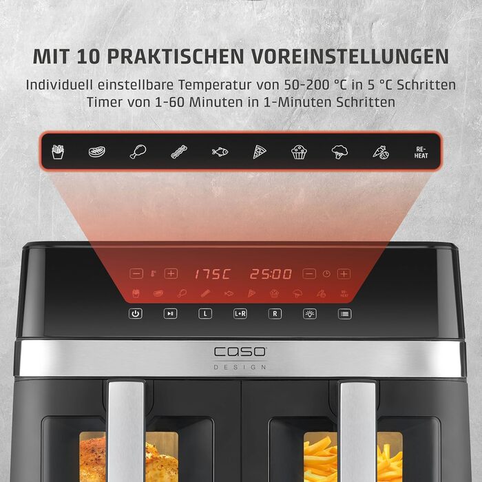 Фритюрниця без олії CASO AirFry 6.0, 14 л, 8 програм, LED-дисплей, тиха (38 дБ), нержавіюча сталь, чорна