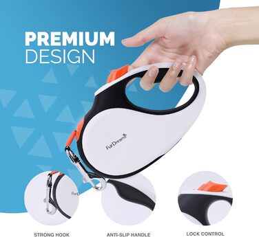 Рулетка для собак FurDreams – міцна висувна повідка 5 м | Зі зручним неслизьким руків'ям та блокуванням | Міцний нейлоновий шнур, що не заплутується | Карабін для нашийника (великий) | Оранжевий, великий