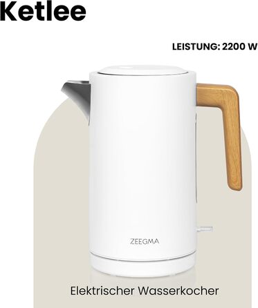 Електричний чайник ZEEGMA KETLEE 1.7L бездротовий, нержавіюча сталь, 2200W, для чаю та кави, автоматичне відключення, LED-дисплей, сучасний дизайн (білий)