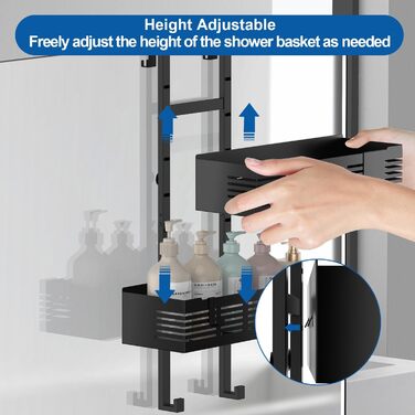 Поличка для душу AIGOCITY без свердління, чорна, для скляних душових кабін, з 3 гачками, регульована висота, для шампуню та гелю для душу