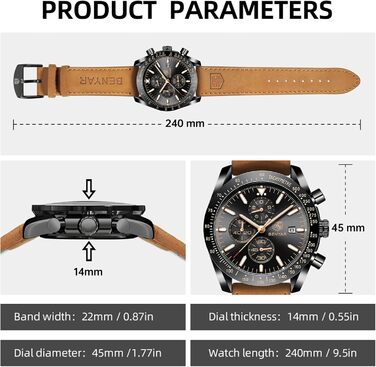 Годинник чоловічий BENYAR з коричневим шкіряним ремінцем, кварцовий хронограф, чоловічий годинник з датою, водонепроникний, спортивний годинник з блакитно-чорним циферблатом