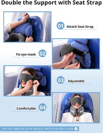 Подушка для шиї у літак з ременем безпеки та 3D маскою для сну, блакитна. Підтримка шиї та голови, високоякісний пінополіуретан, запобігає нахилу голови.