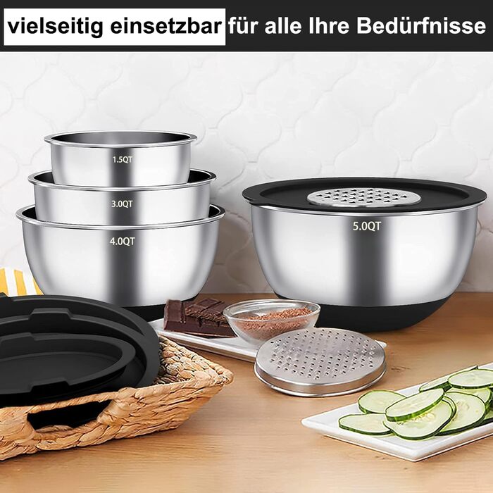 Mixing Bowl Set of 6, Stainless Steel Bowl Salad Bowl Set with Lid & Silicone Bottom, 3 Grater Attachments, 4.7l/3.8l/2.8l/1.9l/1.4l/0.6l, Non-Slip & Stackable - Black