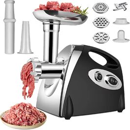Electric Meat Grinder 2800W 3-in-1 Stainless Steel Meat Grinder with 3 Plates (3mm, 5mm, 7mm), Kubbe Attachment & Sausage Stuffer, 80kg/hr - Black