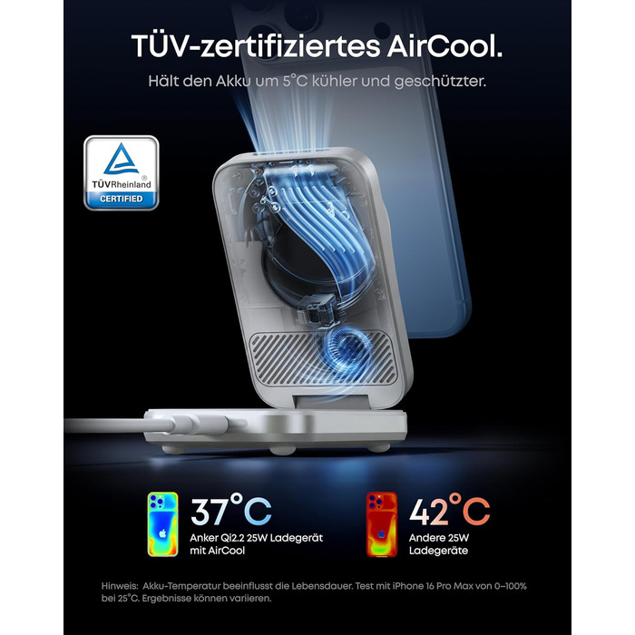 Зарядна станція Anker Prime 3-in-1 Qi2 25W з системою охолодження AirCool, бездротовий зарядний пристрій (білий)