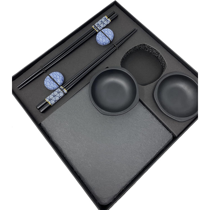 Набір для суші на 2 особи - чорний, 10 предметів: палички, шліфувальні дошки, підставки, миски. У подарунковій коробці.