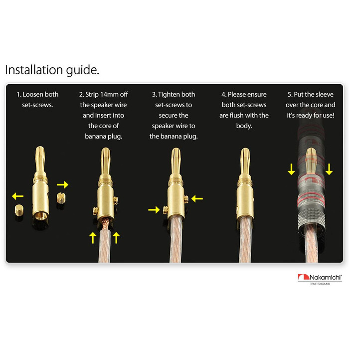 Бананові роз'єми Nakamichi Ultimate Series 24K позолочені берилієво-мідні конектори для акустичних кабелів 12-18 AWG, 4 мм, для HiFi колонок та підсилювачів, 10 шт (5 пар)