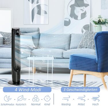 Вежа-вентилятор з водяним охолодженням HOMCOM 60W, зволожувач повітря, пульт, LED-дисплей, таймер 12 год, чорний Ø31,5 x 107 см