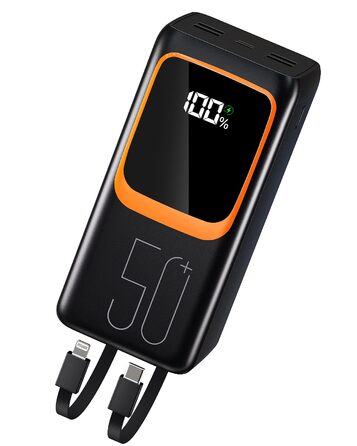Power Bank 50000 mAh з вбудованим кабелем, 22.5W швидка зарядка, LED-ліхтарик, 7 портів (3 входи) - портативний акумулятор