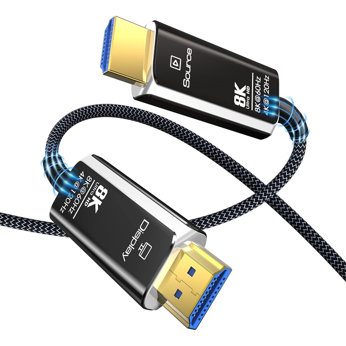 HDMI кабель оптоволокно 8K, HDMI 2.1 кабель (48Gbps) Ultra High Speed, підтримка 8K@60Hz, 4K@120/144Hz, Dynamic HDR, eARC, ARC, Dolby Atmos для PS5/4, HDTV, монітор, ПК, ноутбук (плетіний HDMI кабель, 15 м)