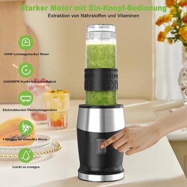 500W Stainless Steel Portable Blender - Smoothie & Shake Maker with BPA-Free Tritan Bottles