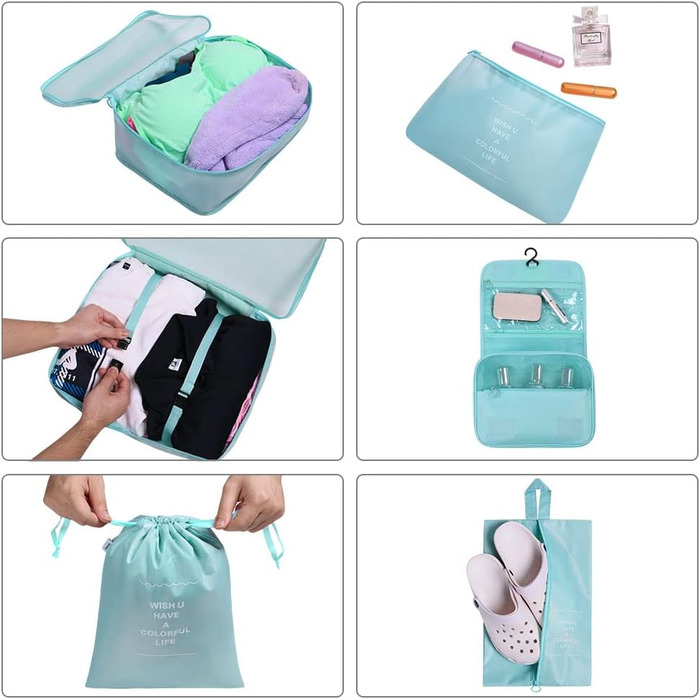 Органайзер для валізи OSDUE, набір 9 шт., Packing Cubes, водонепроникні сумки для одягу, сумки для пакування, кубики для пакування з косметичкою та USB-сумкою (Бежевий) (B-світлоблакитний 9шт)