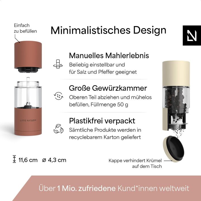 Набір для солі та перцю Lars Nysøm з нержавіючої сталі з регульованою керамічною жорною | 2 шт. | Червоний цегла/Мигдальний беж