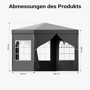 Toboli Pavilion 3 x 3 m in Grey with UV Protection 50+, Garden Pavilion with Removable Sides, Party Tent with Windows for e.g. Terrace and Festival